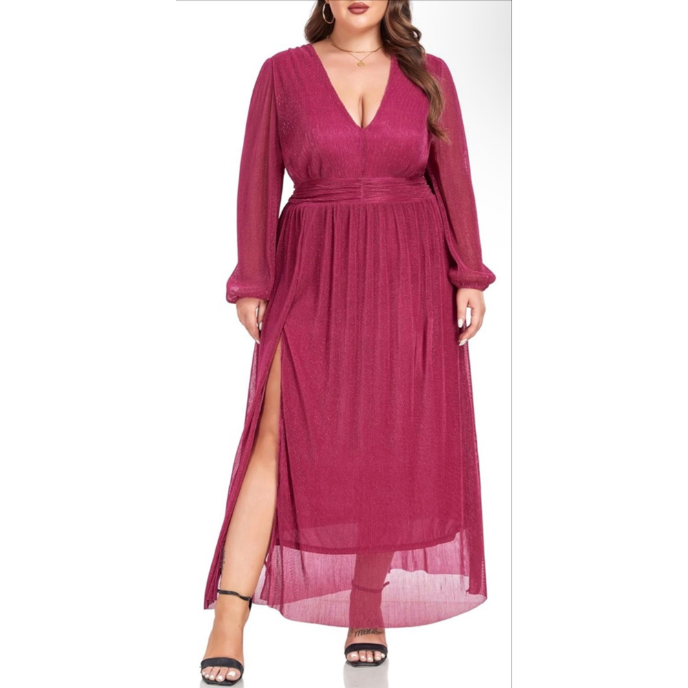 NEW Magenta Plus Size Curvy Long Sleeve Cocktail Maxi Dress 4X